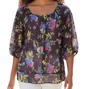 EXPRESS Dark‎ Purple Floral Semi Sheer Lace Trim Blouse NWOT Size M